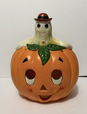 Vintage Lefton Halloween Pumpkin Ghost Candle Holder Luminary Decor 1986 picture