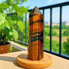 Natural Tiger's Eye Healing Crystal Wand - Obelisk Reiki Tower Point Home Decor picture