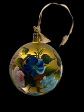 VTG 94 Exclusive Saks Fifth Avenue Hand Painted Gold Glass Ornament Floral Italy picture