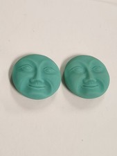 Turquoise Matte Moon Face Czech Glass Buttons Lot Of 2 New Pour Vintage Mold picture