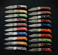 LOT of 20pcs Damascus Steel Folding knife, Pocket Knives W Leather Sheath picture