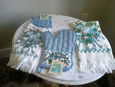 Vintage 1990s Blue Checkered Hearts Kitchen Towel 3 Pc Set NEW Y2K Cottagecore picture