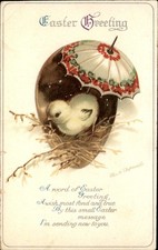 Easter Chick in Umbrella Nest Ellen H. Clapsaddle c1910s-20s Vintage Postcard picture