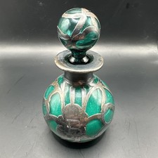 Vintage Art Nouveau Green Blue Aqua Blown Glass perfume Bottle Sterling - Crack picture