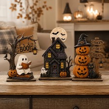 Vintage Halloween Wooden Decor Set Ghost Pumpkin Cat Haunted House Figurines picture