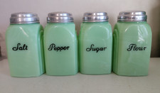 McKee Jadeite Jadite Green Glass Roman Arch SALT PEPPER FLOUR SUGAR Shakers Deco picture