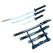 3Pc Black Dragon Design Japanese Samurai Katana Sword Set Ninja Style with Displ picture