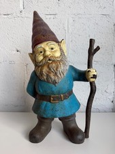 Vintage Cast Iron Garden Gnome w/ Walking Stick 14” MCM picture
