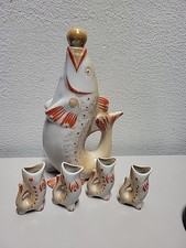 Vtg Polone Russia Porcelain Fish Trout Decanter Set Bottle Top Shot Glass Lot picture