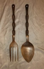 *VINTAGE* Wooden Carved GIANT Fork & Spoon wall hangings in Tiki style picture