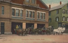 Central Fire Station Clinton MA 1910s Horse-Drawn Steamer Hook Ladder Postcard picture