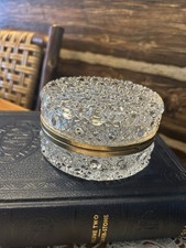 Vintage Oval Cut Crystal Trinket Box w/ Gold Tone Band – Elegant Jewelry Casket  picture