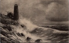 1912 Stormy Sea Lighthouse Art Postcard - G&B Publisher, Dramatic Waves picture