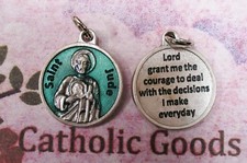 Saint St Jude + Prayer - Green Enamel - Silver Tone Round- Medal  picture
