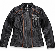 Real Leather Women's Harley Davidson Motorcycle Jacket Black Orange XL picture
