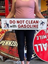 Vintage Anitque Old Style Metal Sign Dont Clean With Gasoline 30x8 Made in USA picture