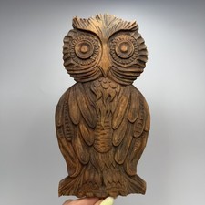 Vintage Hand Carved Wooden Owl Wall Plaque Rustic Folk Art Bird Decor Linden Woo picture