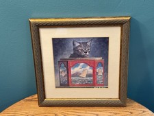 Pre Owned VTG Hanging Precious Gray KITTY CAT Hiding In A Sailboat FRAMED picture