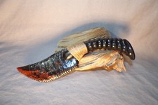 Triple Flow Obsidian Skinning Knife Carved African Antler Handle Flint Knapping picture