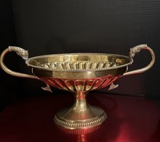 VTG MCM Solid Brass Pedestal Compote  w/Koi Fish Handles Handcrafted 16X8.4”READ picture