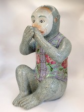 Vintage Chinese Famille Rose Porcelain Monkey Figurine Floral Vest 11.5” picture