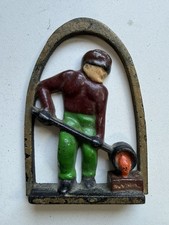 Vintage Cast Iron Foundry Worker Pouring Molten Metal Miniature Plaque 4” picture