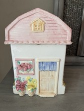 Vintage House Shaped Cookie Jar Canister resembles Lenox Village Pink Roof Flowe picture