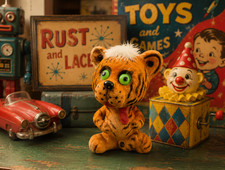 NOS Vintage Hong Kong Tiger Nodder Bobble Head Flocked Green Eyes picture