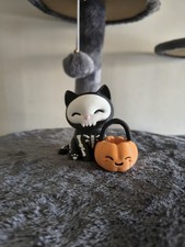 Skeleton Cat with Pumpkin Basket Figurine 3D Printed Halloween Black Cat Decor picture