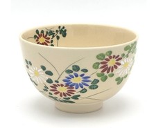 Kyo Kiyomizu yaki ware Japanese Matcha Tea bowl Chawan Chrysanthemum Hand-drawn picture