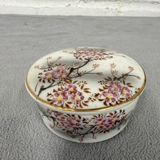 Vintage Porcelain Trinket Box Round Covered Jar Cherry Blossom Floral Gold Trim picture