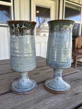 Pair Vintage Studio Stoneware Pedestal Vases Blue & Brown Chalice’s 8.5” picture