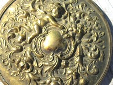 Antique Victorian Hand Mirror w Sleeping Cherub Angel Baby Rose Flowers Swirls picture