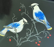 Vintage MCM 1960’s RARE Couroc of Monterey Hand Inlaid Cedar Waxwings on Branch picture