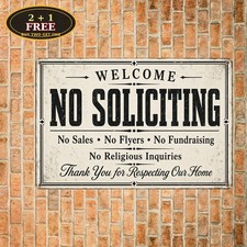 No Soliciting Welcome Sign Religious Queries Distressed Border Metal Tin Sign picture