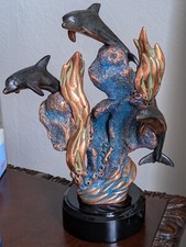 DONJO 3 Dolphin Sculpture Figurine Statue Art Sculpture Copper Fill SIGNED 2000 picture
