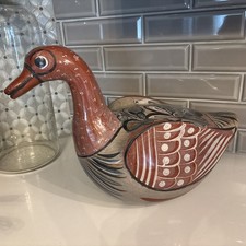 Mexican LRG  VTG Tonala Terra Cotta Pottery Hand Painted Peacock Duck 13Hx 18W picture