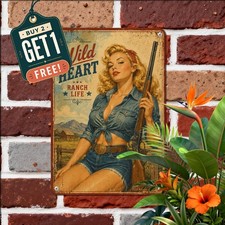 Western Cowgirl Gunslinger Tin Sign Vintage Pinup Saloon Metal Wall Decor picture