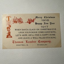 Vintage Early Advertising Trade Card 1916 Thomas Lumber Centralia Missouri Xmas picture