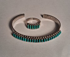 Vintage Zuni Turquoise Needlepoint Silver Cuff Bracelet Matching Ring Hallmarks picture