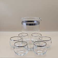 Vintage MCM Silver Rim Glass Pitcher and 6 Roly Poly Glasses picture