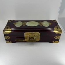 VTG Chinese Wood Jewelry Box Carved Jade Medallions Brass Hardware w/ Lock & Key picture