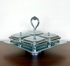 Vintage MCM Hollywood Regency Condiment Server 4 Glass Dishes Pedestal Tray picture