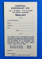 Vintage Central Chevrolet Co Los Angeles Salesman Card 2¢ Postal Card 1950s picture