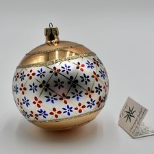 Christopher Radko Blue Red Floral Round Glass Ball Ornament Gold Lattice 4