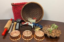 Vintage Kitchen Vignette Lot Copper Molds Rolling Pin Basket Utensils Red Decor picture
