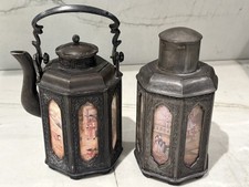 Pair of Vintage Chinese Hexagonal Pewter Teapots Figural Panel Inserts picture