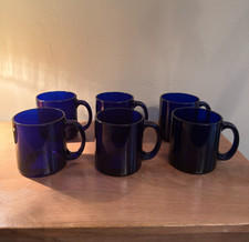 Vintage Blue Glass Coffee Mug: American Made Drinkware, USA Collectible Set of 6 picture