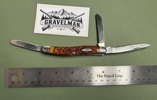 Vintage Camillus 69 Deluxe Stockman Pocket Knife USA 3 Blade Brown Jigged Handle picture