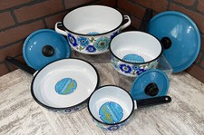 Vintage National Silver Company Blue Flower Pot Set Porcelain Steel Spain RARE picture